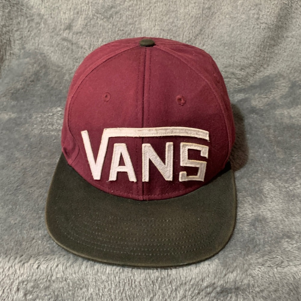 Vans Off The Wall Snapback Hat Mens Burgundy Black Flat Brim Skate Cap Logo